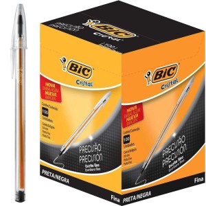 Caneta Esferográfica 0.8mm Cristal Precisão Fina Preta c/100 Bic
